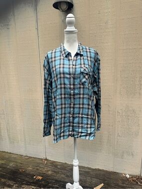 J Jill Soft Woven Blue Plaid Button-Up Shirt